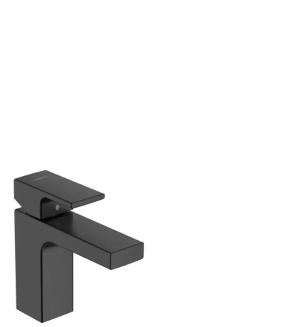Schwarzer Einhebel-Waschtischmischer von Hansgrohe mit klaren Linien, isolierter Wasserführung und Zugstangen-Ablaufgarnitur im minimalistischen Design.